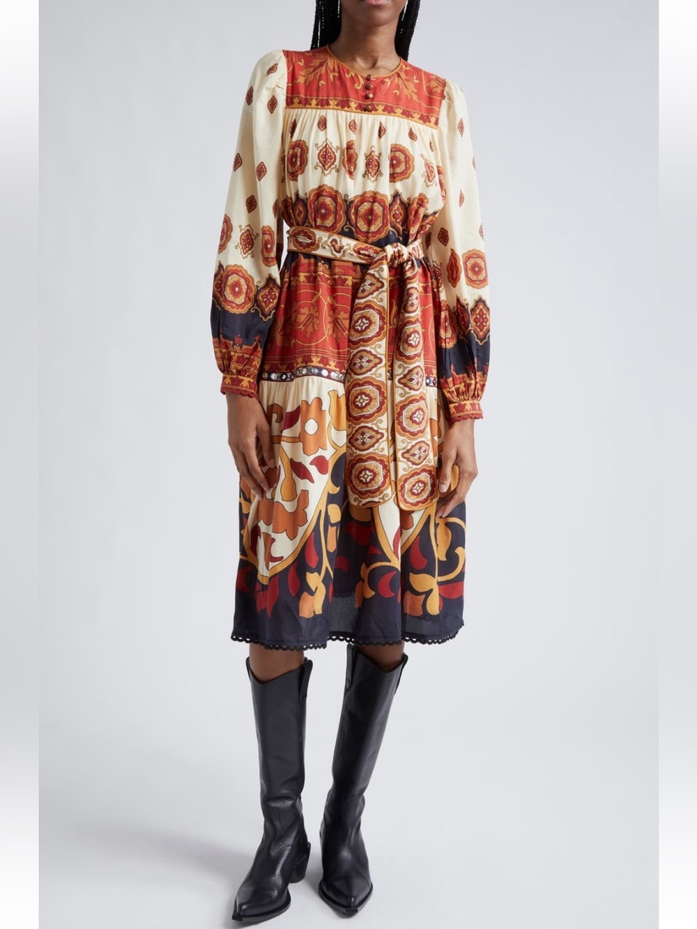 Farm Rio Ainika Tiles Tie Waist Long Sleeve Midi Dress (missing tie)
